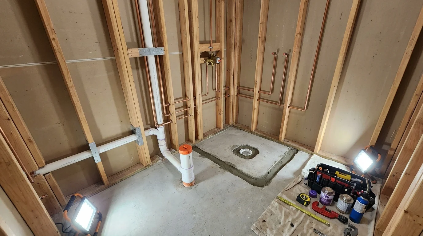 Bathroom rough-in plumbing during remodel by Johns Plumbing LLC in Waukon