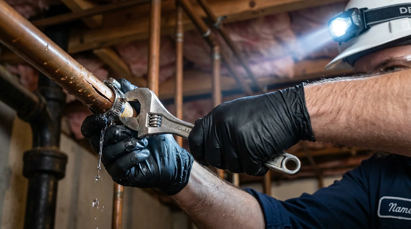 Emergency pipe clamp repair being performed by a Johns Plumbing LLC plumber in Waukon