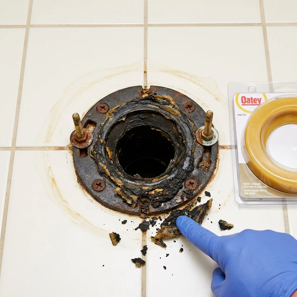 Failed wax ring showing water seepage at the base of a toilet in a Waukon, IA home
