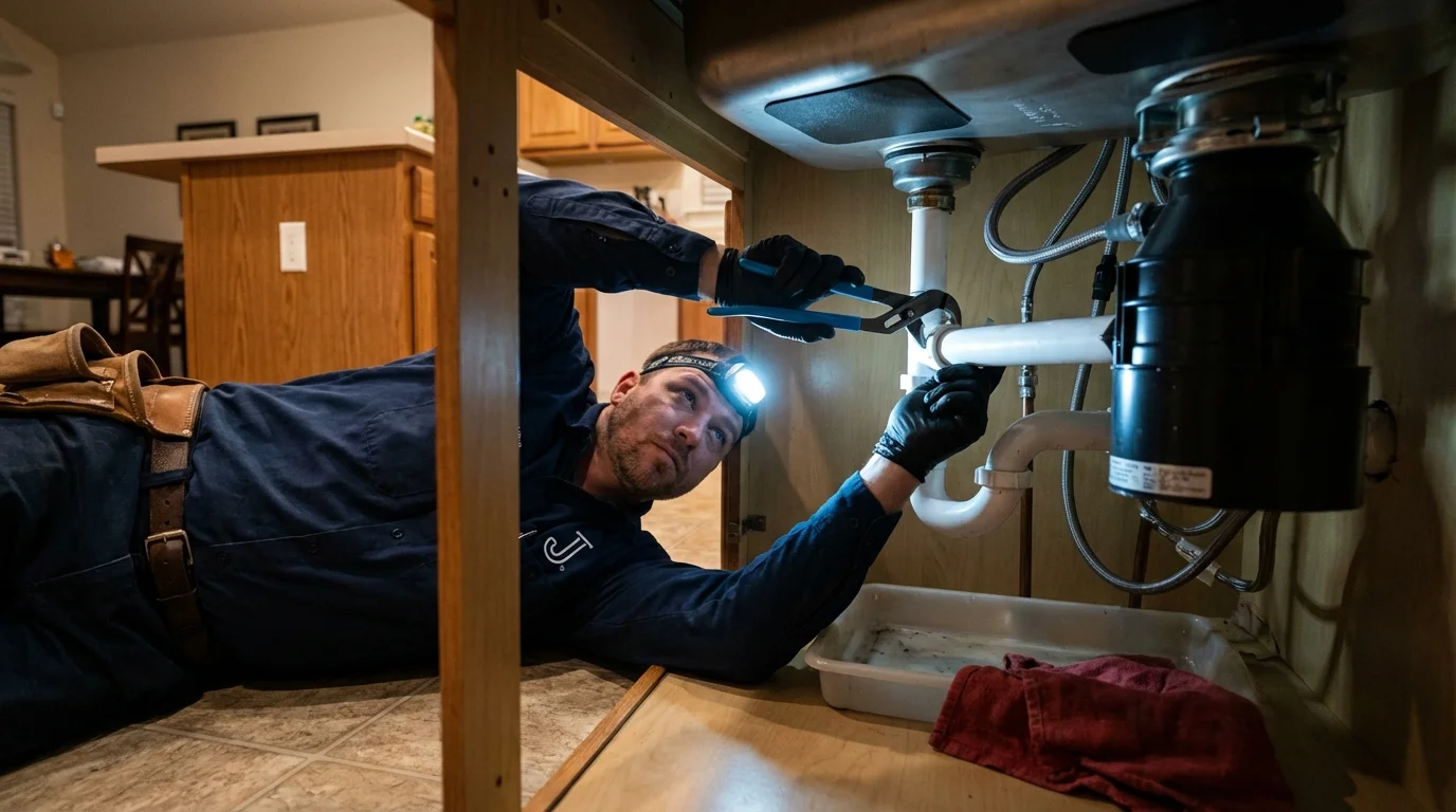 P-trap and supply line connections under a kitchen sink showing a common leak point in Waukon, IA
